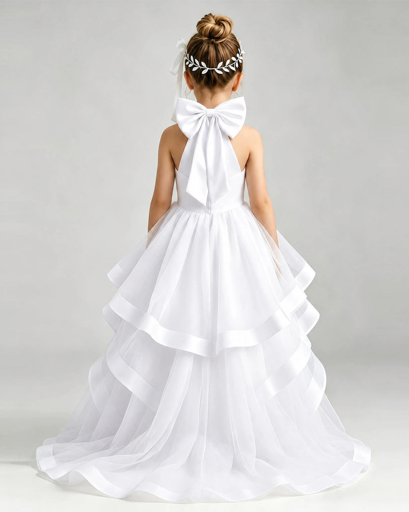 White Tulle Ball Gown Pageant Dress Back View