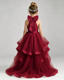Windred Flower Girl Dress Halter Neck Satin Bow Tiered Tulle Princess Ball Gown Back Full View