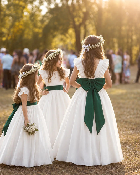 Dark Green Satin A-line Flower Girl Dress Back View