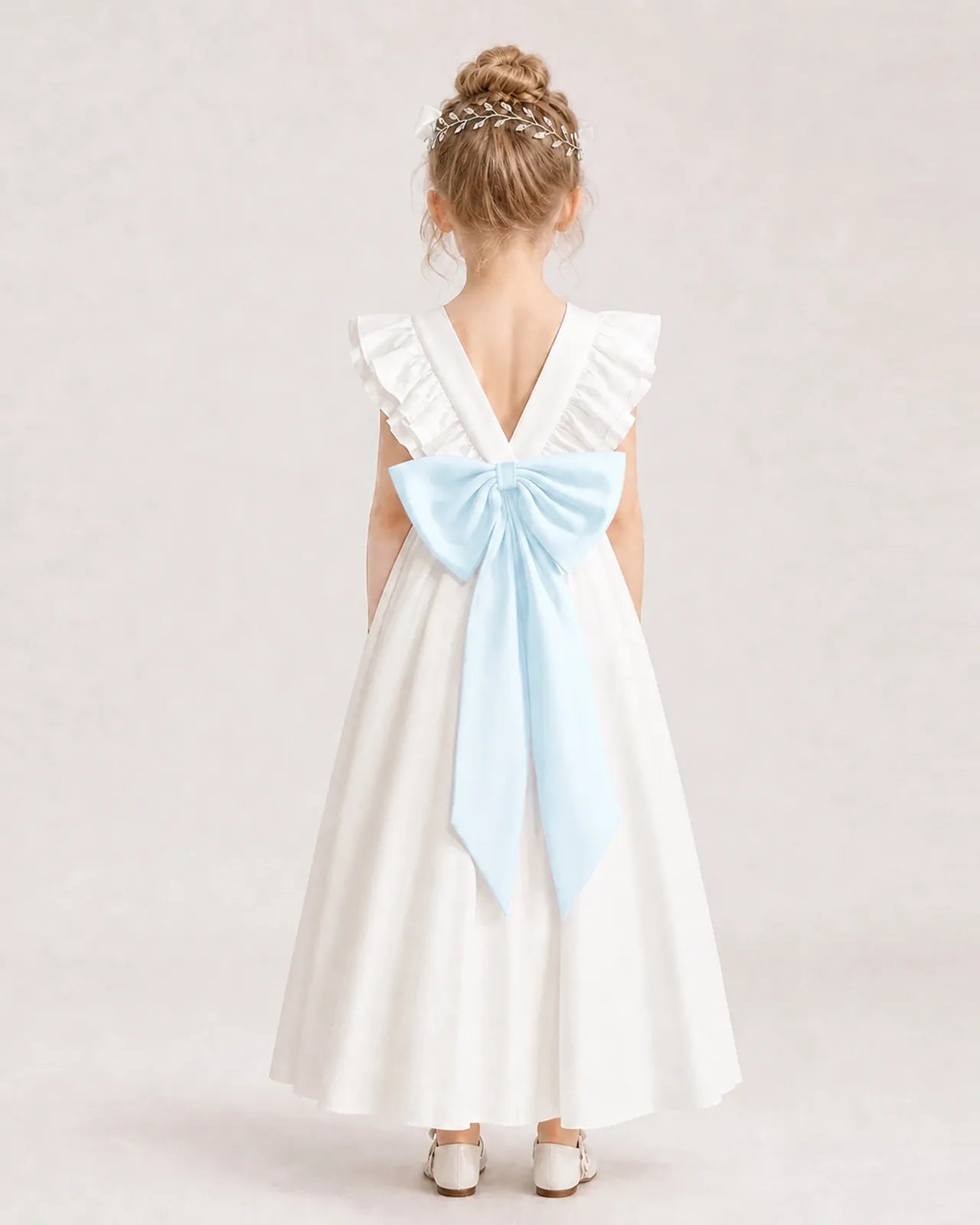 Baby Blue Satin A-line Flower Girl Dress Back View