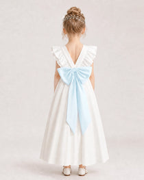Baby Blue Satin A-line Flower Girl Dress Back View