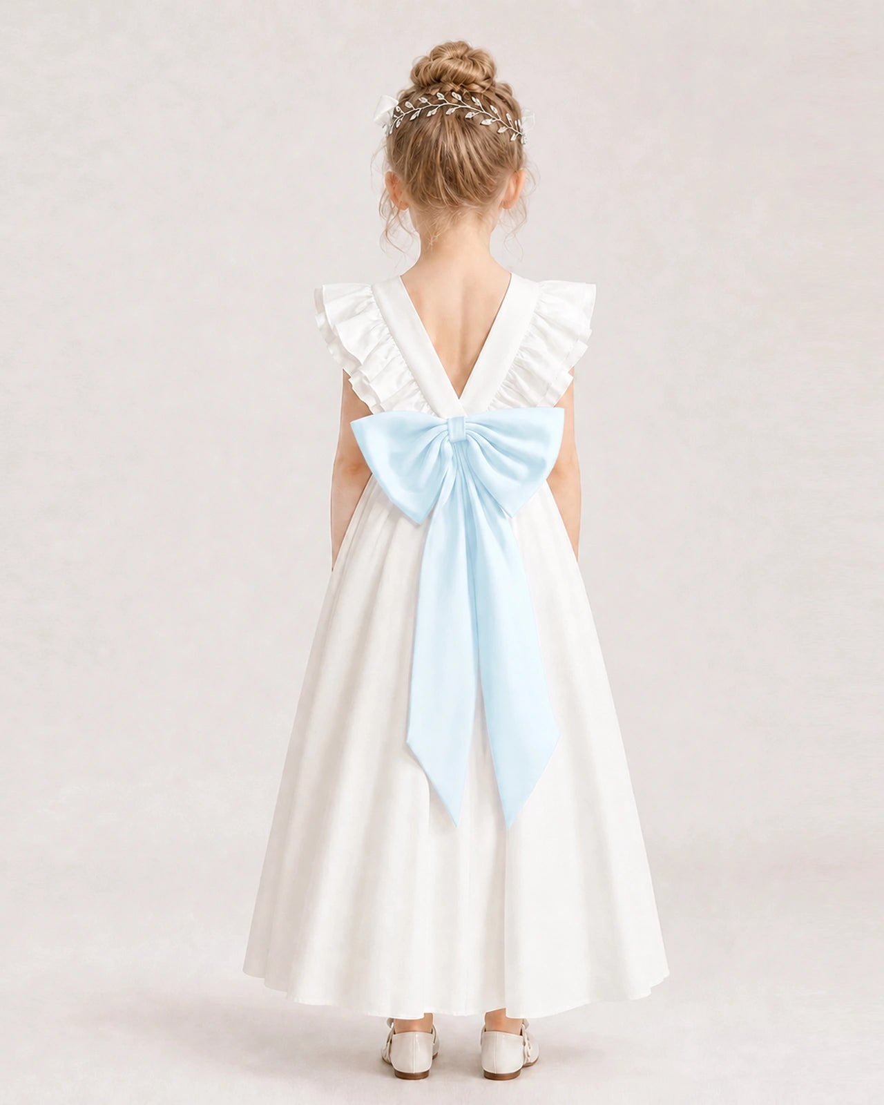 Baby Blue Satin A-line Flower Girl Dress Back View