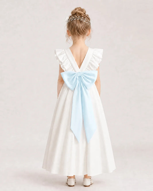Baby Blue Satin A-line Flower Girl Dress Back View