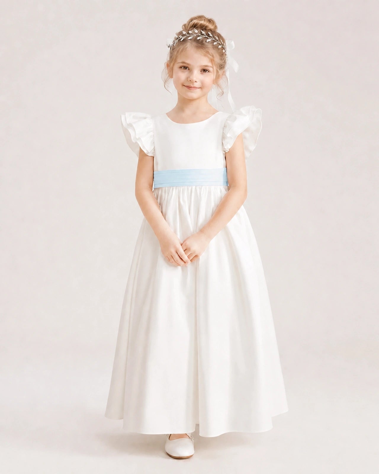 Baby Blue Satin A-line Flower Girl Dress Front View