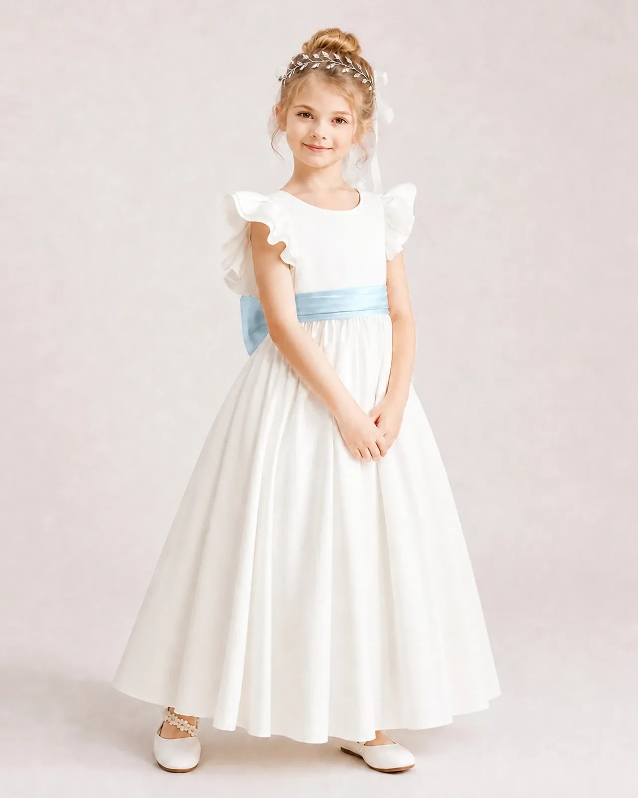 Baby Blue Satin A-line Flower Girl Dress Side View