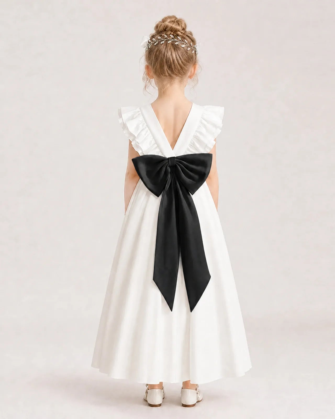 Black Satin A-line Flower Girl Dress Back View