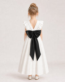 Black Satin A-line Flower Girl Dress Back View