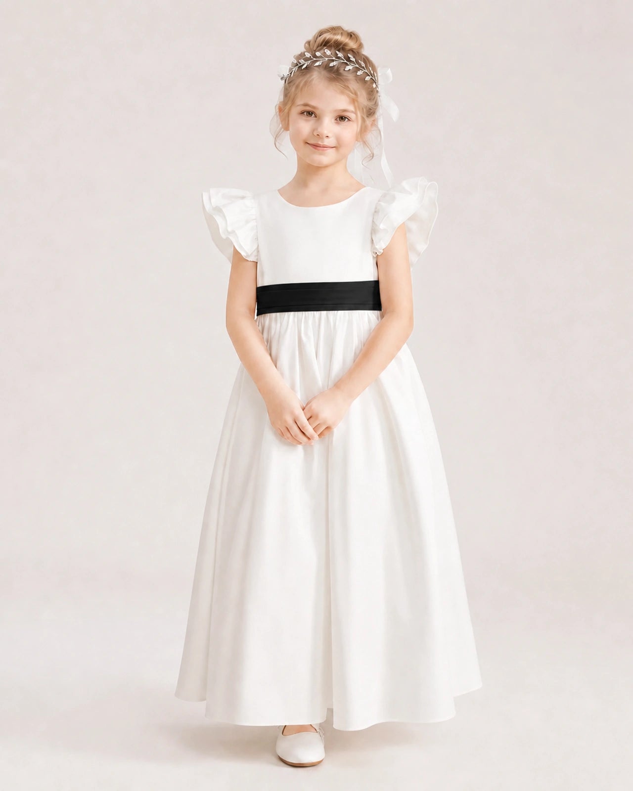 Black Satin A-line Flower Girl Dress Front View