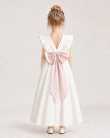 Blush Pink Satin A-line Flower Girl Dress Back View