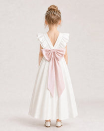 Blush Pink Satin A-line Flower Girl Dress Back View