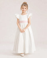 Blush Pink Satin A-line Flower Girl Dress Front View