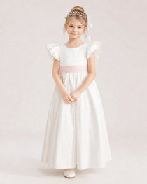 Blush Pink Satin A-line Flower Girl Dress Front View