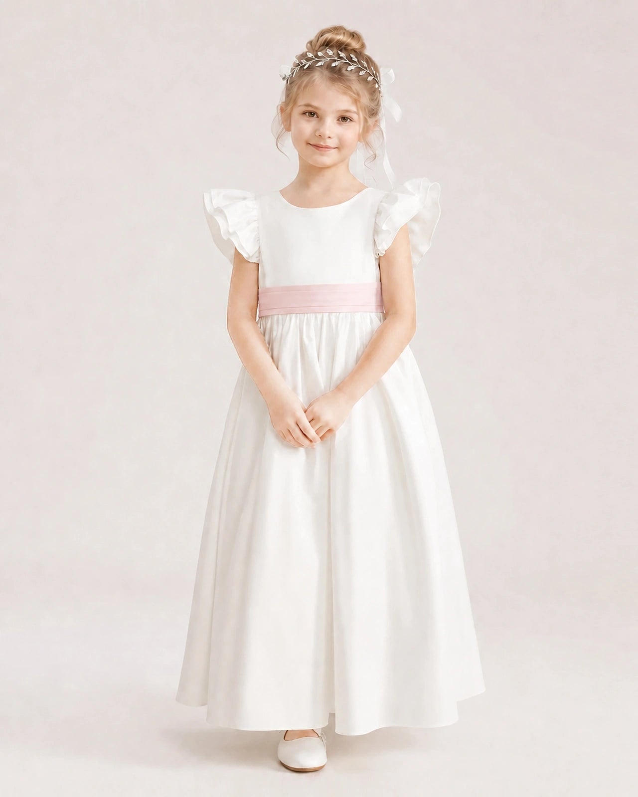 Blush Pink Satin A-line Flower Girl Dress Front View