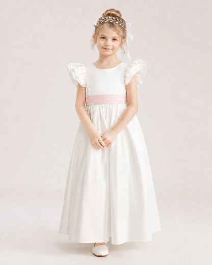 Blush Pink Satin A-line Flower Girl Dress Front View