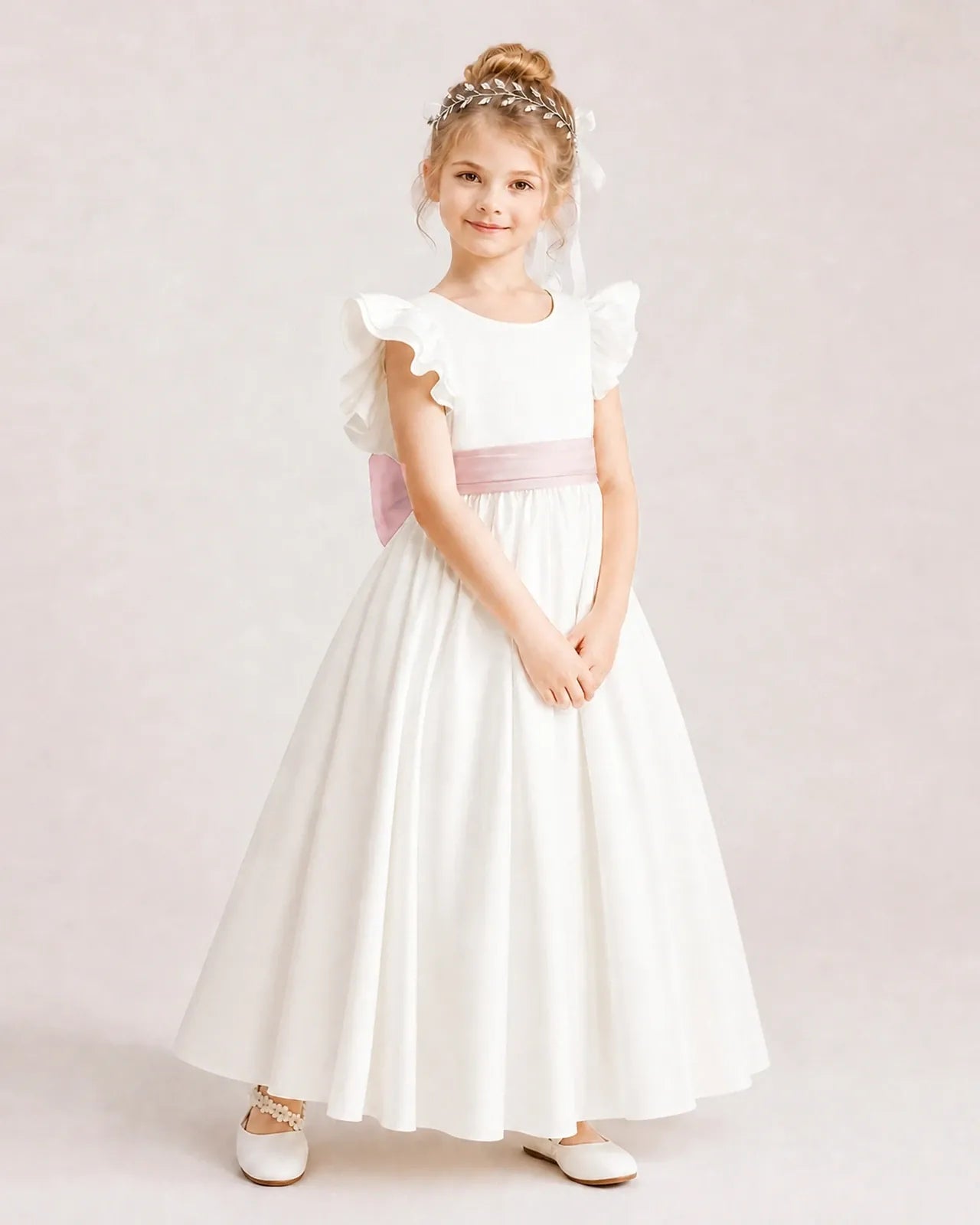 Blush Pink Satin A-line Flower Girl Dress Side View