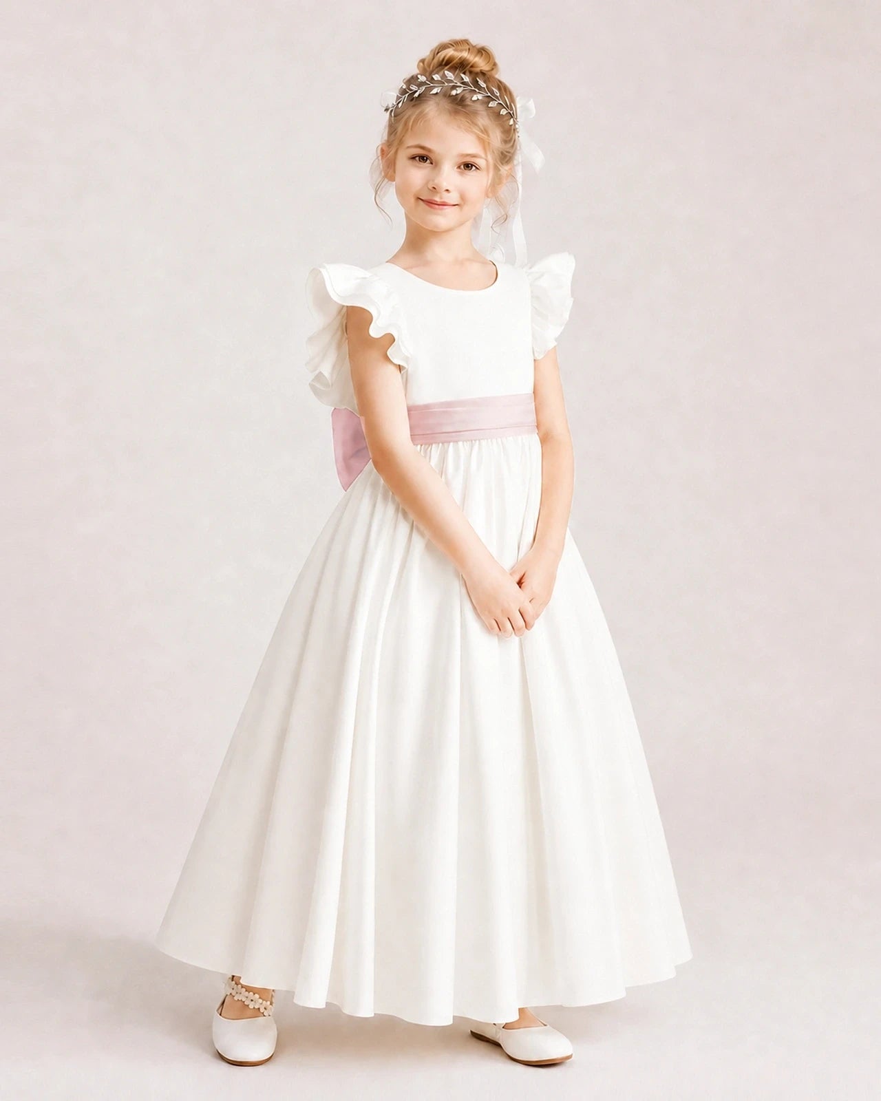 Blush Pink Satin A-line Flower Girl Dress Side View