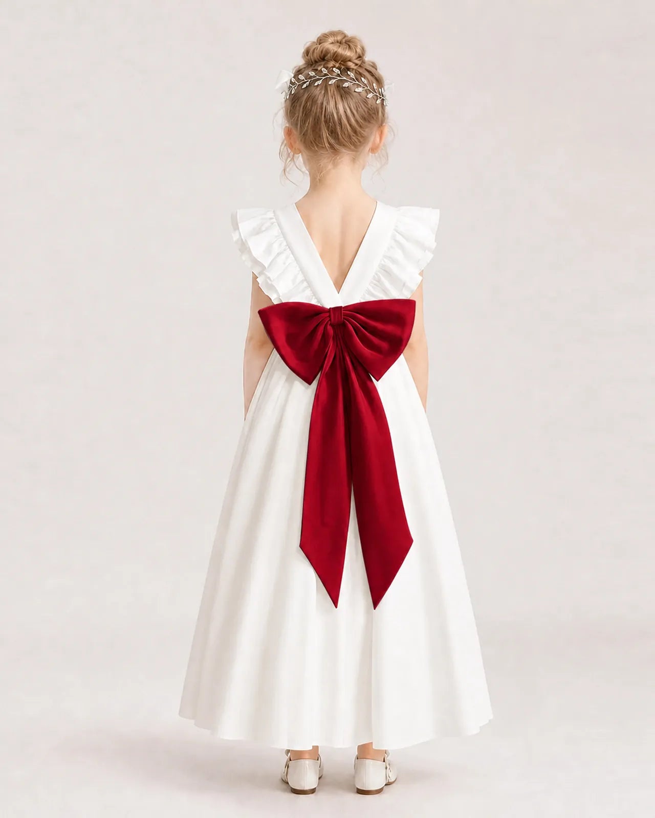 Burgundy Satin A-line Flower Girl Dress Back View