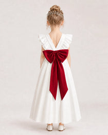 Burgundy Satin A-line Flower Girl Dress Back View