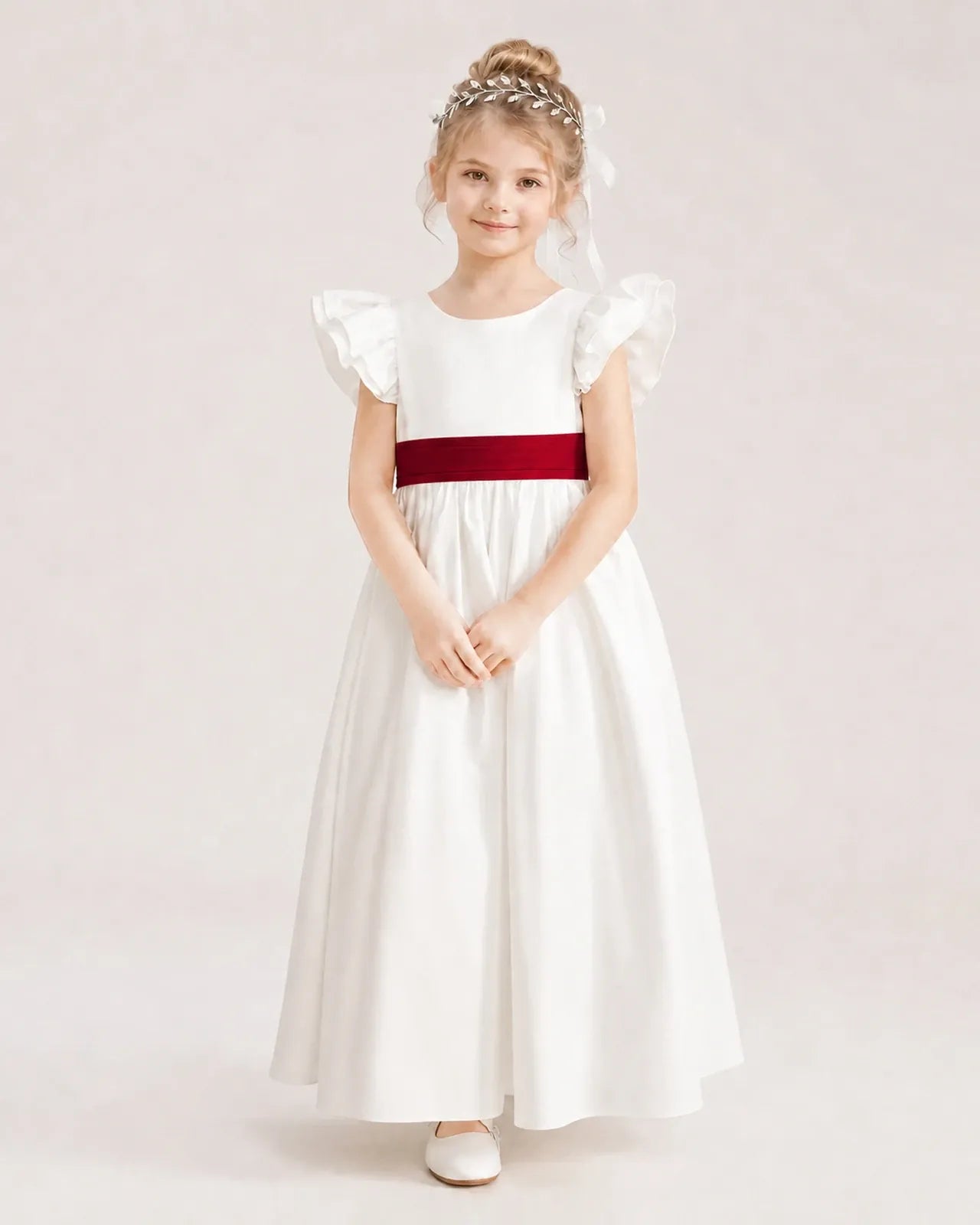 Burgundy Satin A-line Flower Girl Dress Front View