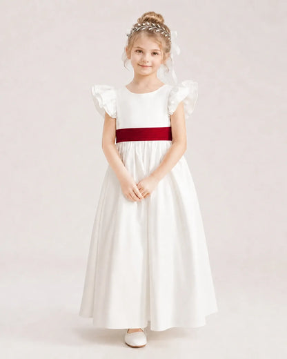 Burgundy Satin A-line Flower Girl Dress Front View