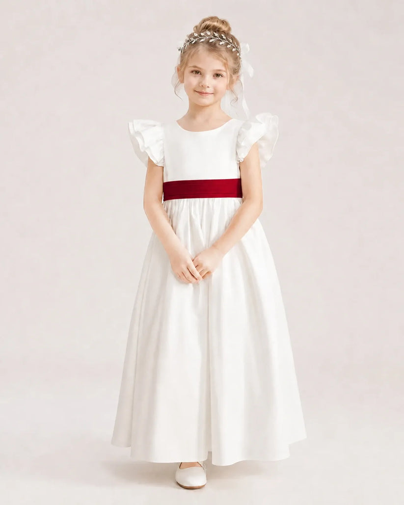 Burgundy Satin A-line Flower Girl Dress Front View
