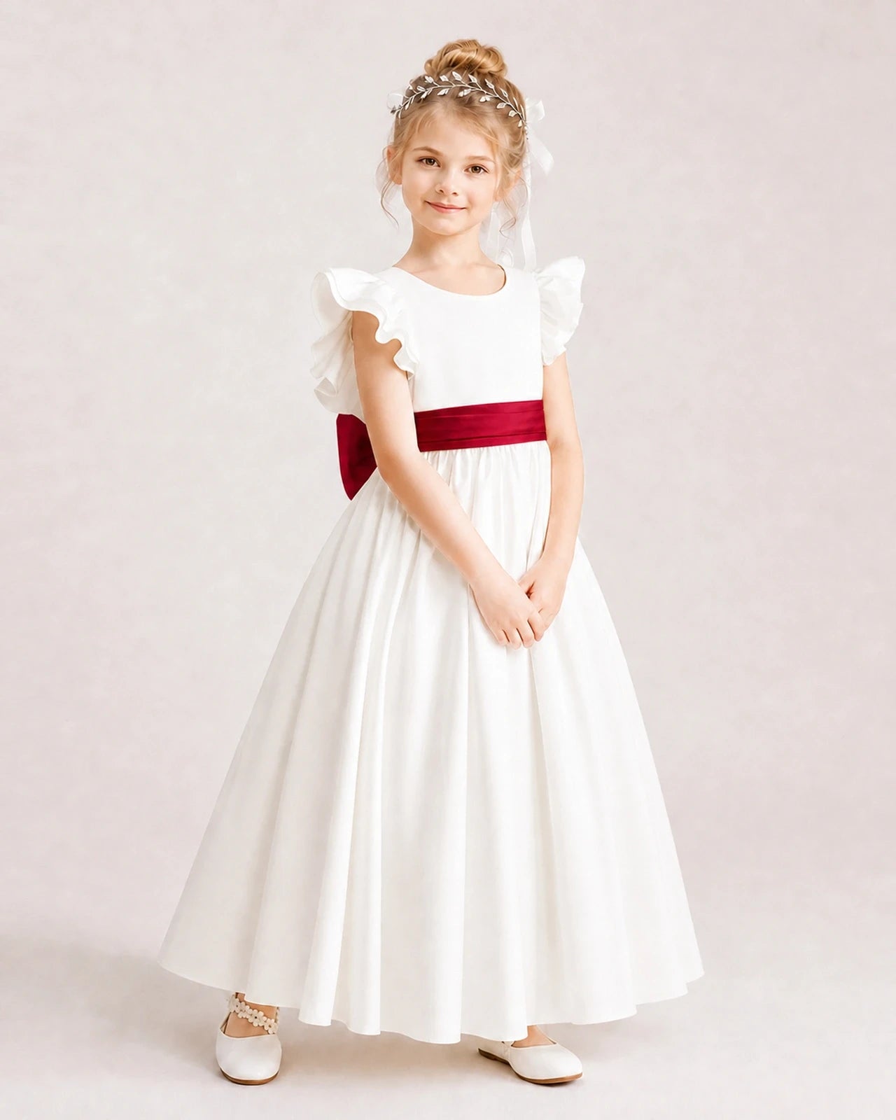 Burgundy Satin A-line Flower Girl Dress Side View