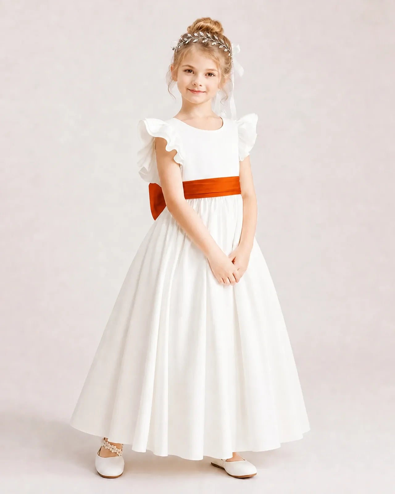 Burnt Orange Satin A-line Flower Girl Dress Side View