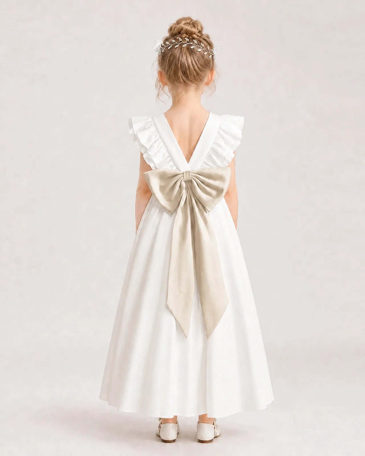 Champagne Satin A-line Flower Girl Dress Back View