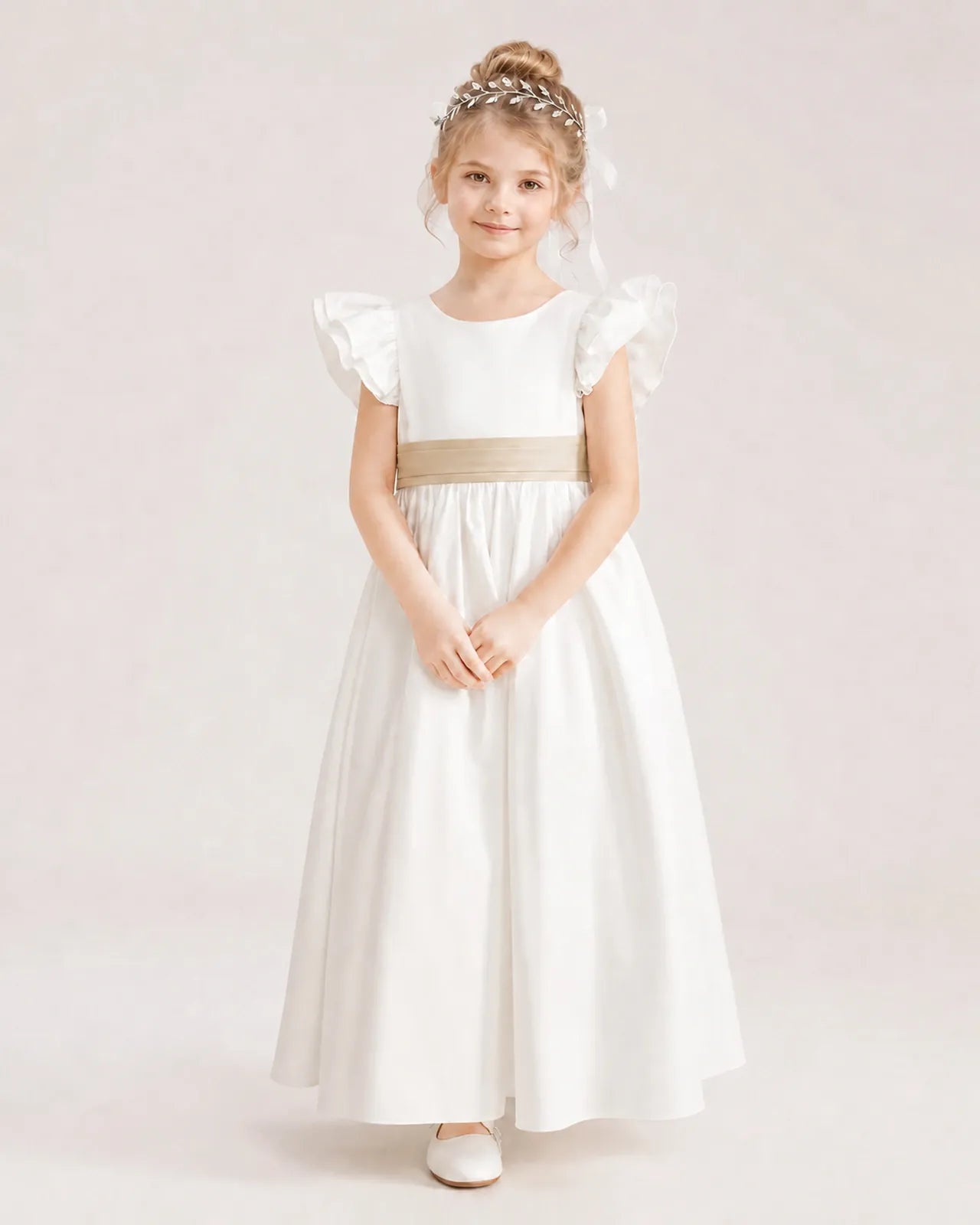 Champagne Satin A-line Flower Girl Dress Front View