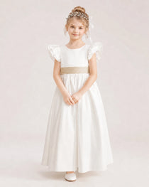 Champagne Satin A-line Flower Girl Dress Front View