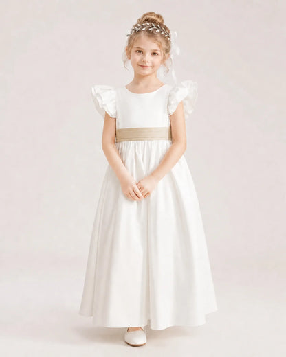 Champagne Satin A-line Flower Girl Dress Front View