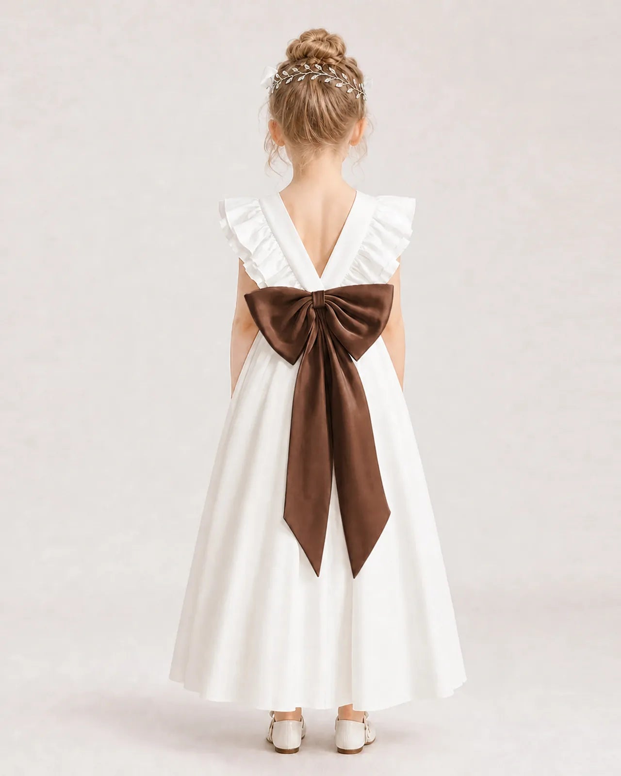 Chocolate Satin A-line Flower Girl Dress Back View