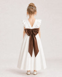 Chocolate Satin A-line Flower Girl Dress Back View