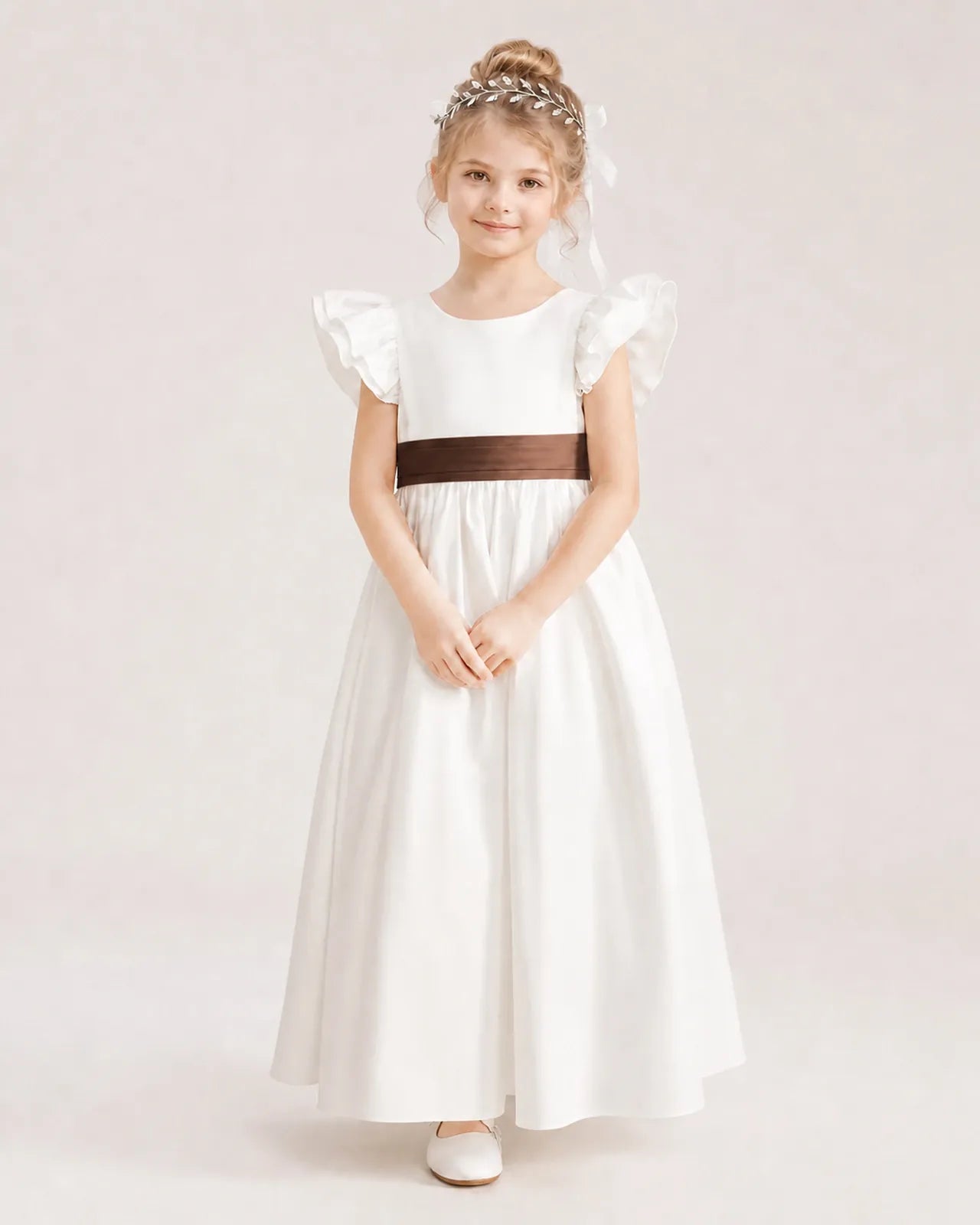Chocolate Satin A-line Flower Girl Dress Front View
