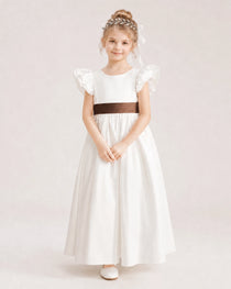 Chocolate Satin A-line Flower Girl Dress Front View