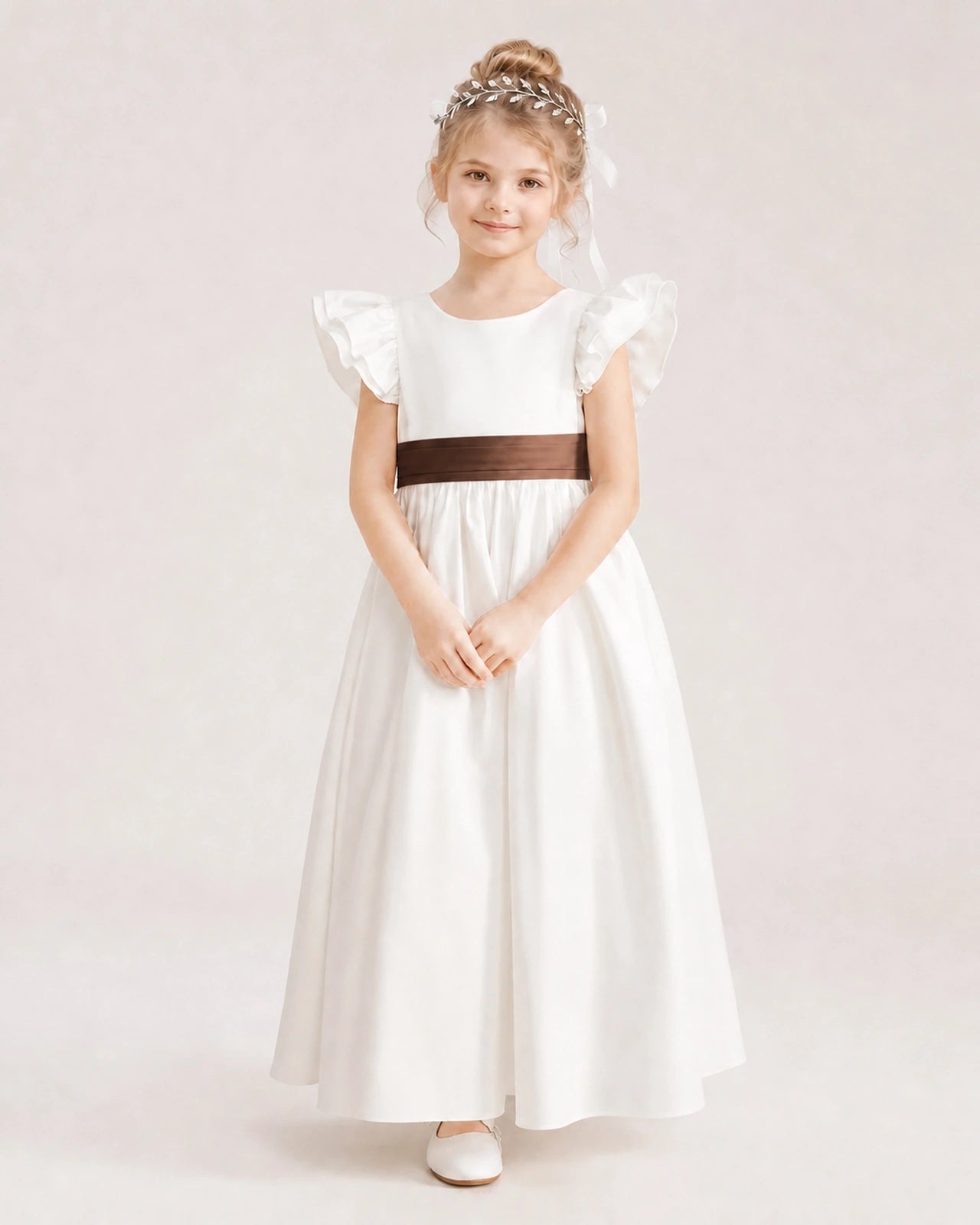 Chocolate Satin A-line Flower Girl Dress Front View