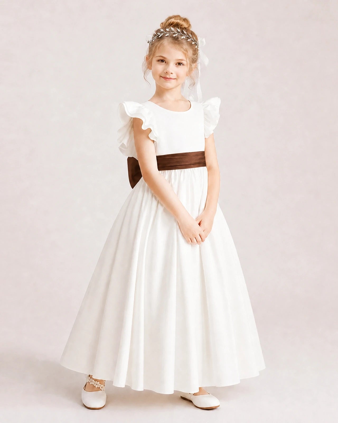 Chocolate Satin A-line Flower Girl Dress Side View