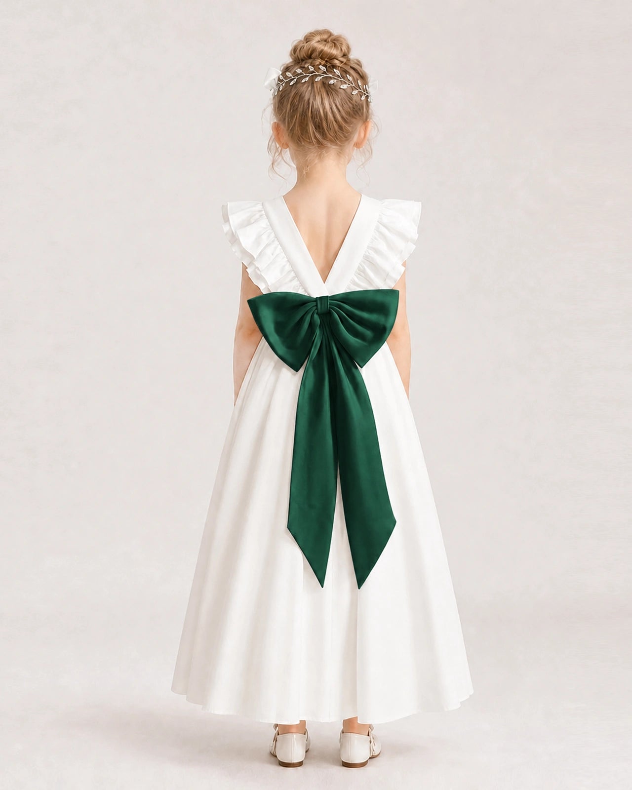 Dark Green Satin A-line Flower Girl Dress Back View