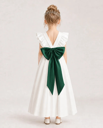 Dark Green Satin A-line Flower Girl Dress Back View