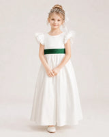 Dark Green Satin A-line Flower Girl Dress Front View
