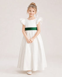 Dark Green Satin A-line Flower Girl Dress Front View