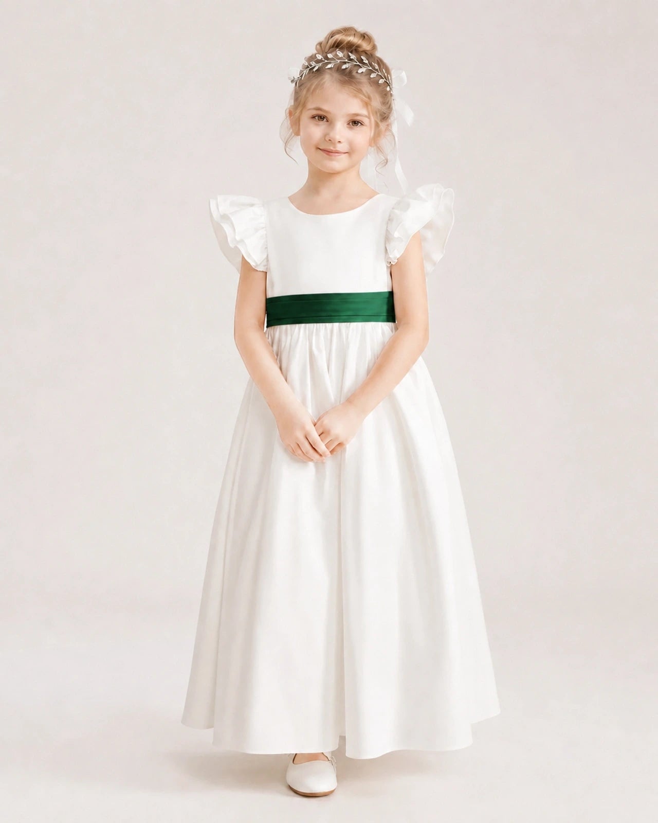 Dark Green Satin A-line Flower Girl Dress Front View