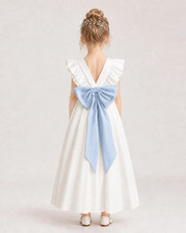 Dusty Blue Satin A-line Flower Girl Dress Back View