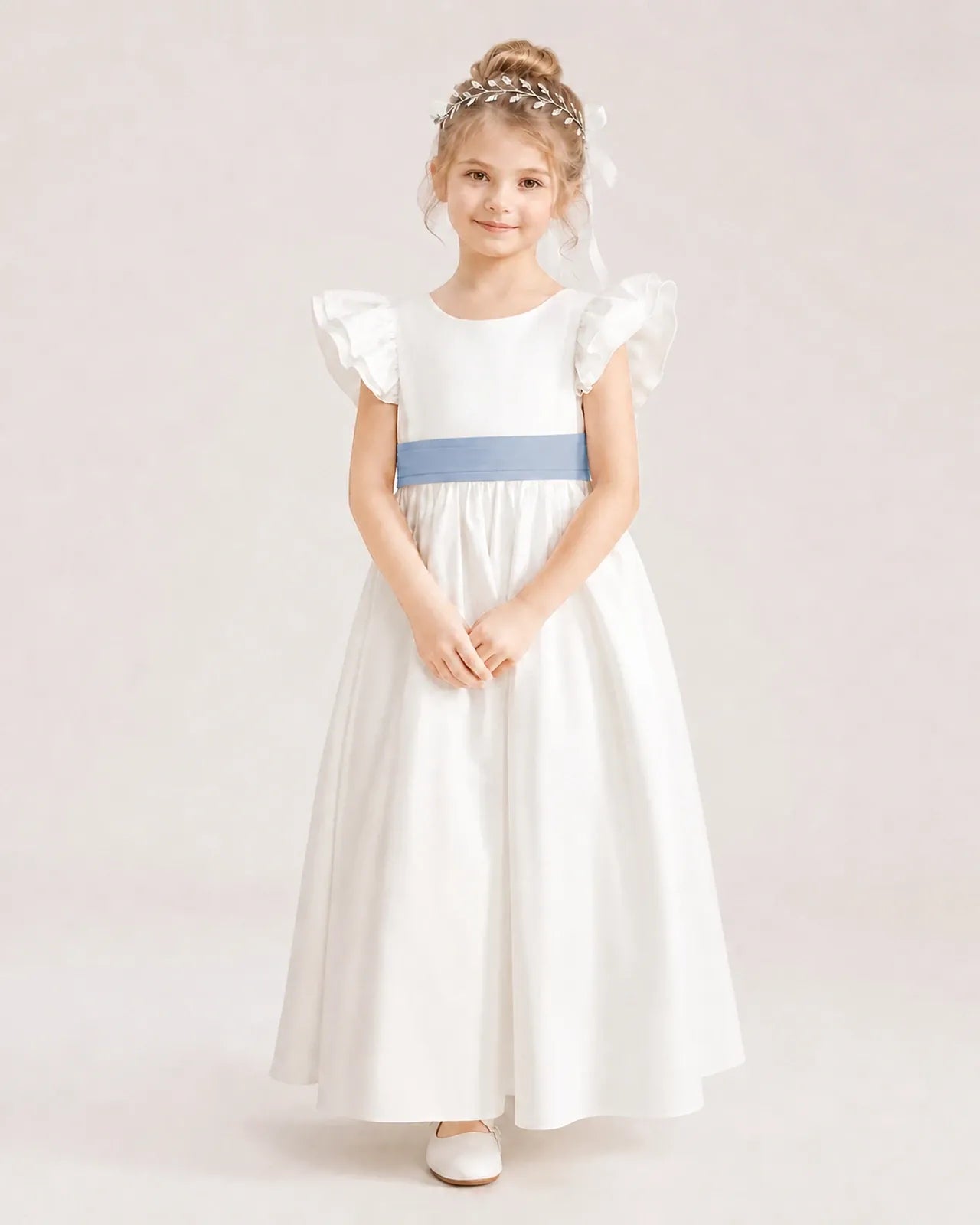 Dusty Blue Satin A-line Flower Girl Dress Front View