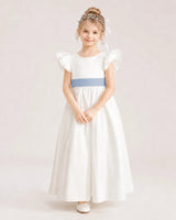 Dusty Blue Satin A-line Flower Girl Dress Front View