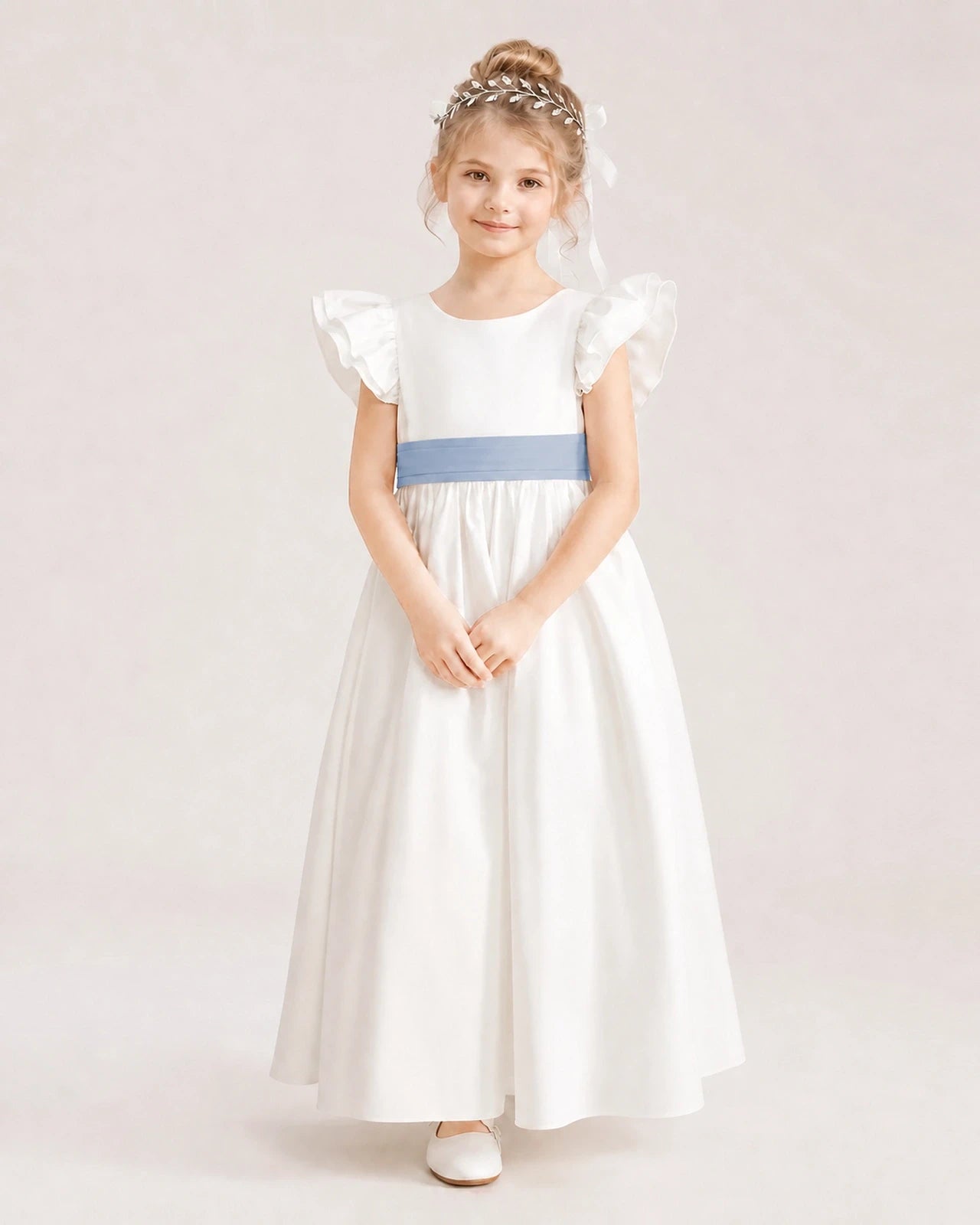 Dusty Blue Satin A-line Flower Girl Dress Front View