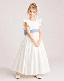 Dusty Blue Satin A-line Flower Girl Dress Side View
