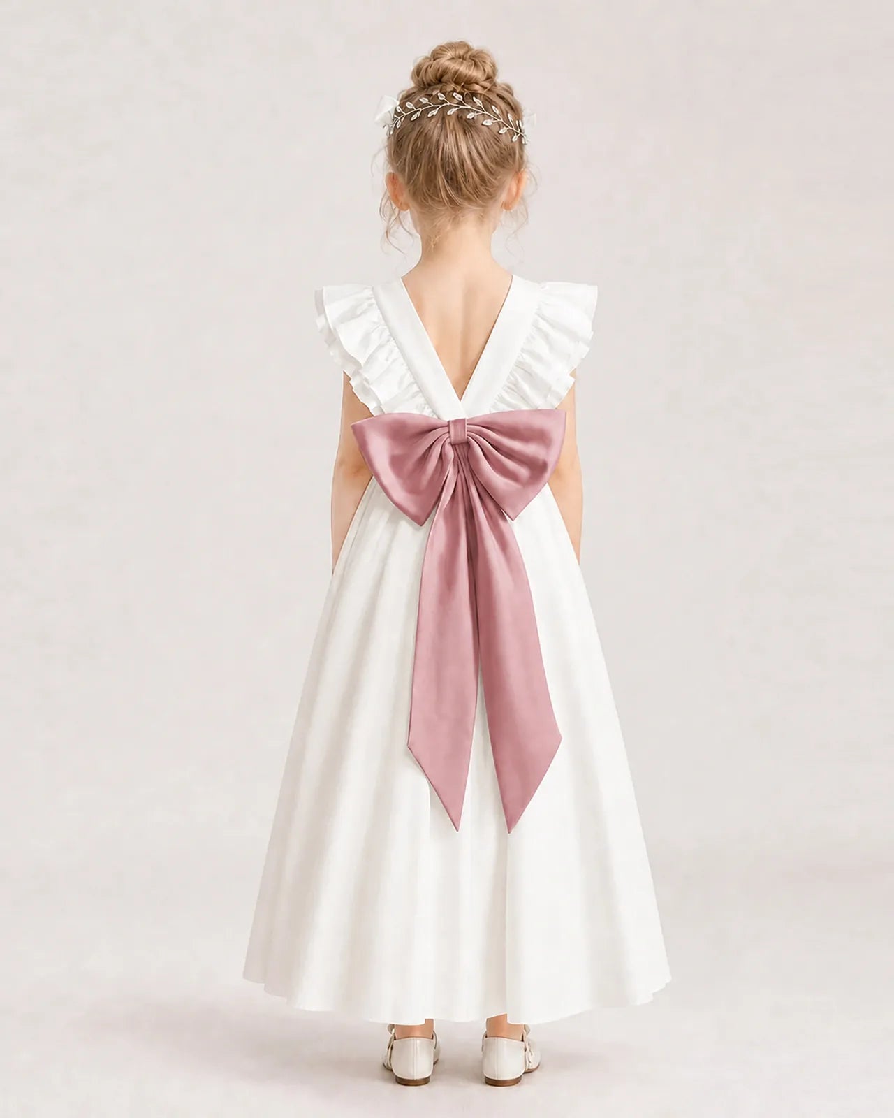 Dusty Rose Satin A-line Flower Girl Dress Back View