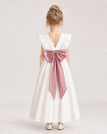Dusty Rose Satin A-line Flower Girl Dress Back View