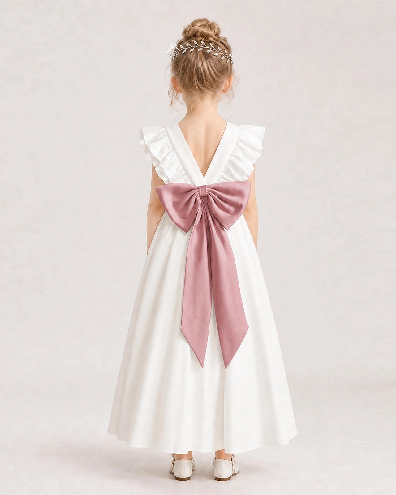 Dusty Rose Satin A-line Flower Girl Dress Back View